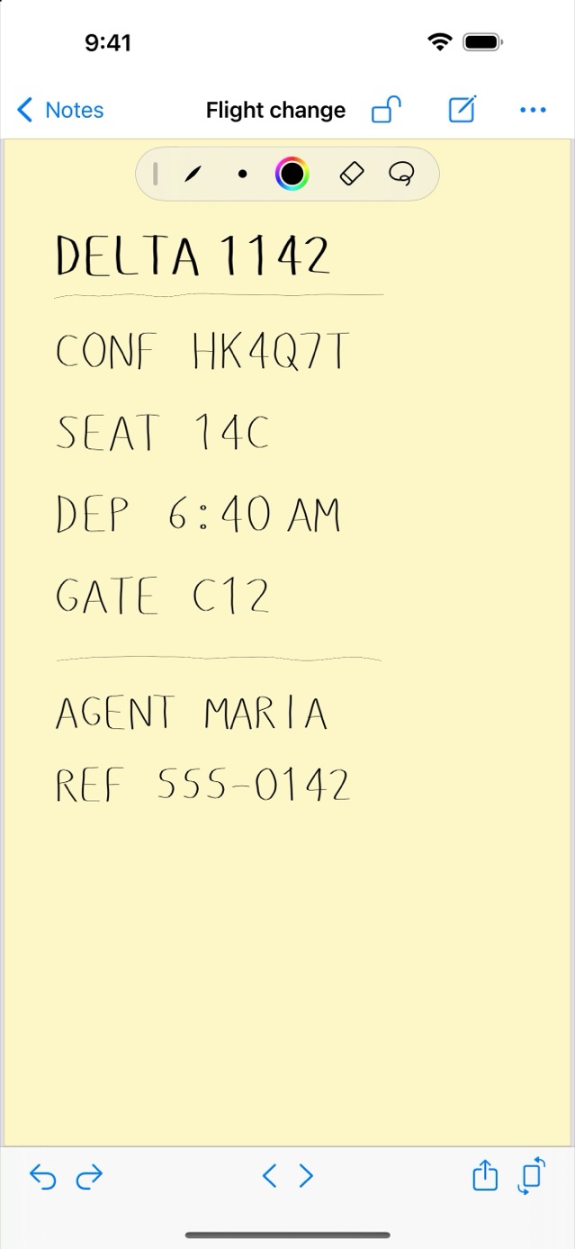 A flight change jotted down in the Jots editor — flight number, confirmation code, seat and gate — with the pen tray floating above it