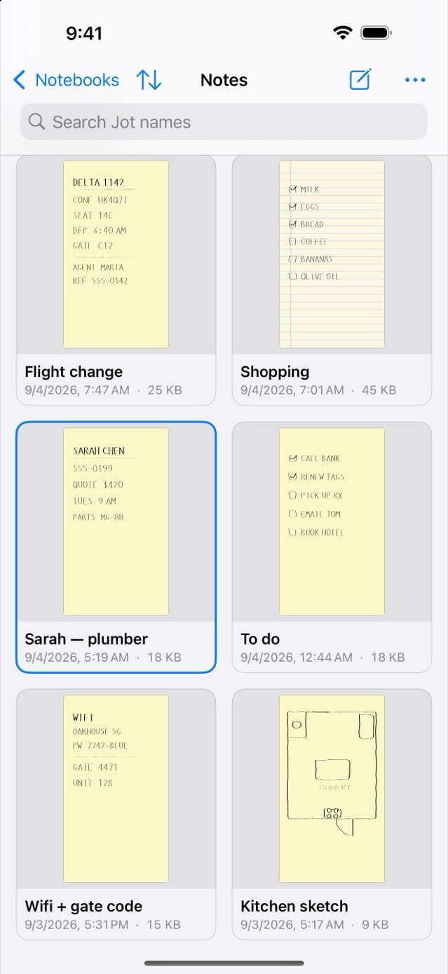 A notebook's Jots as a grid of thumbnails: a flight change, a grocery list, a plumber's quote, a to-do list, a wifi code and a kitchen sketch