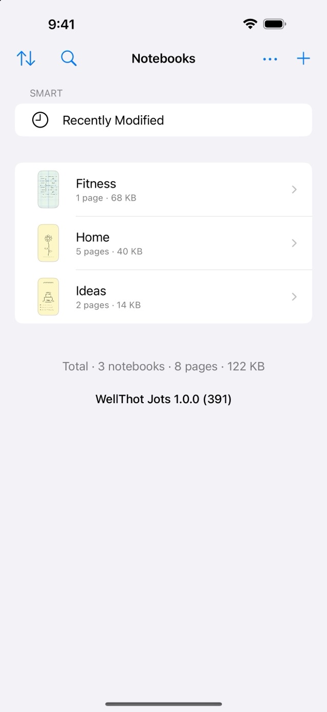 The notebooks list with page counts, sizes, and a Recently Modified smart notebook