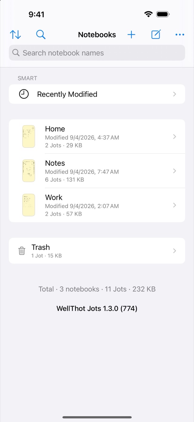The notebooks list with a Recently Modified smart notebook, three notebooks, the Trash, and storage totals